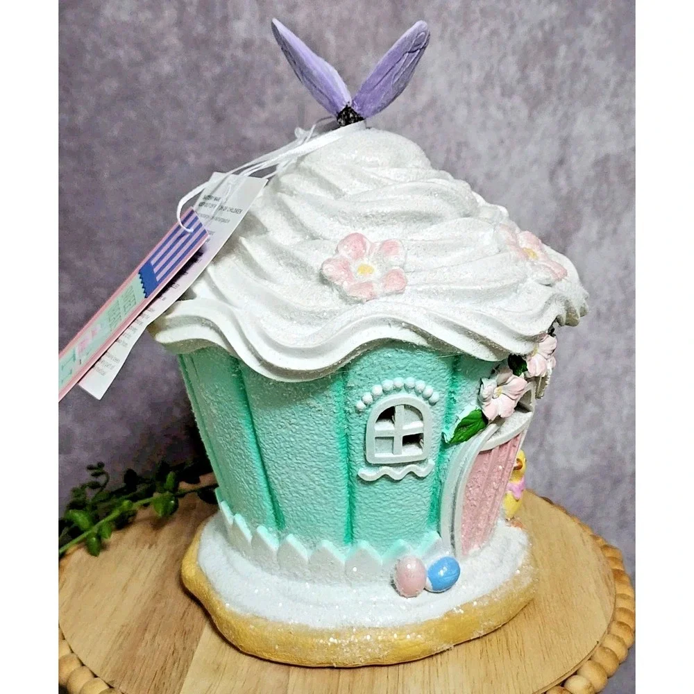 Easter Pastel Cupcake‎ Gingerbread House LIGHT UP Figurine Tabletop Decor 9